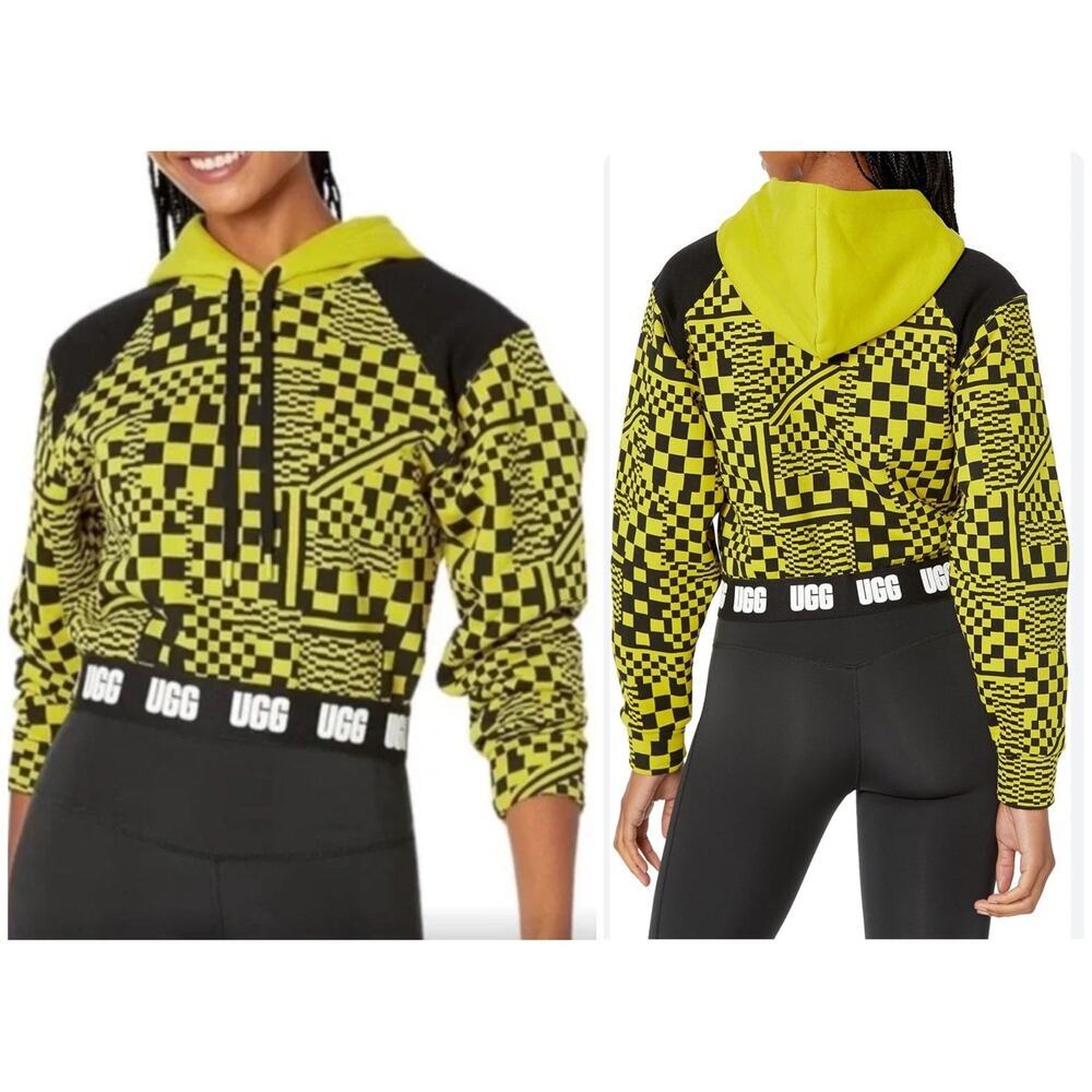 UGG Mallory Cropped Hoodie Checkerboard Print Retro Yellow Black Bold Logo Sz XS